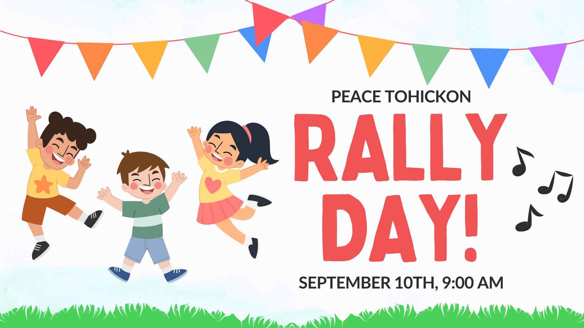 Graphic of children cheering underneath a party banner with the words Peace Tohickon Rally Day September 10th, 9 am